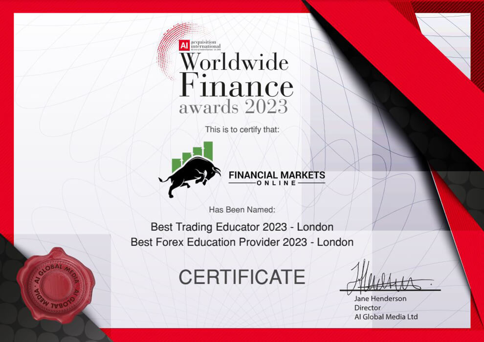 James Bentley's Certificate from Worldwide Finance Awards 2023, for Best Trading Educator (London) and Best Forex Trading Provider (London)