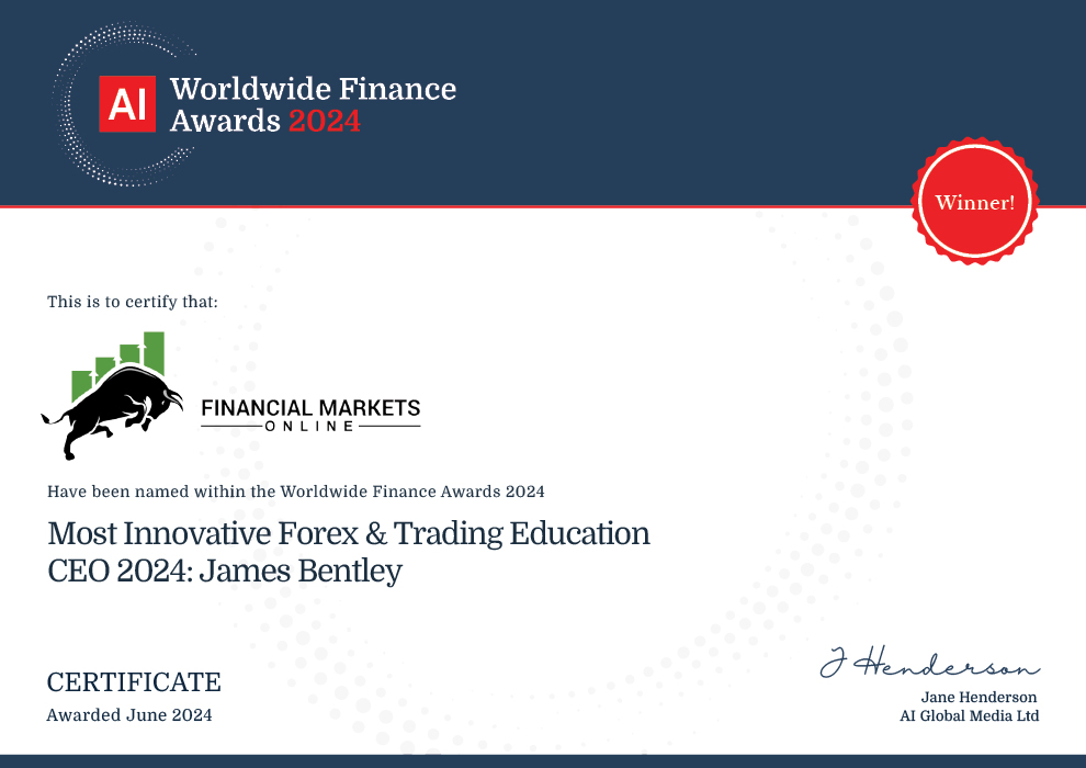 James Bentley's Certificate from Worldwide Finance Awards 2024, for Most Innovative Forex & Trading Education CEO